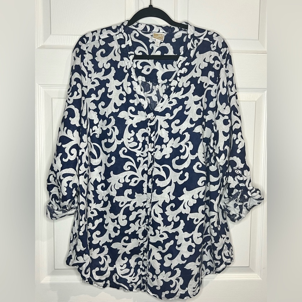 JM Collection Women’s 100% Linen button-down blouse - Size 18w - Blue/White